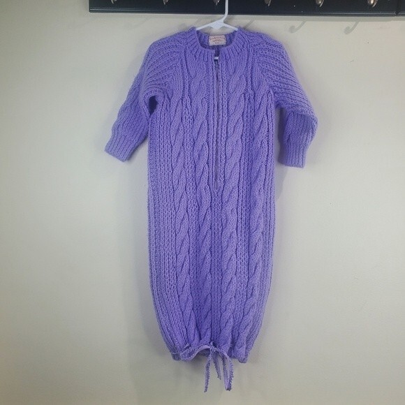 Handmade vintage knitted purple gown with ribbon tie size 0-9 - Picture 1 of 5